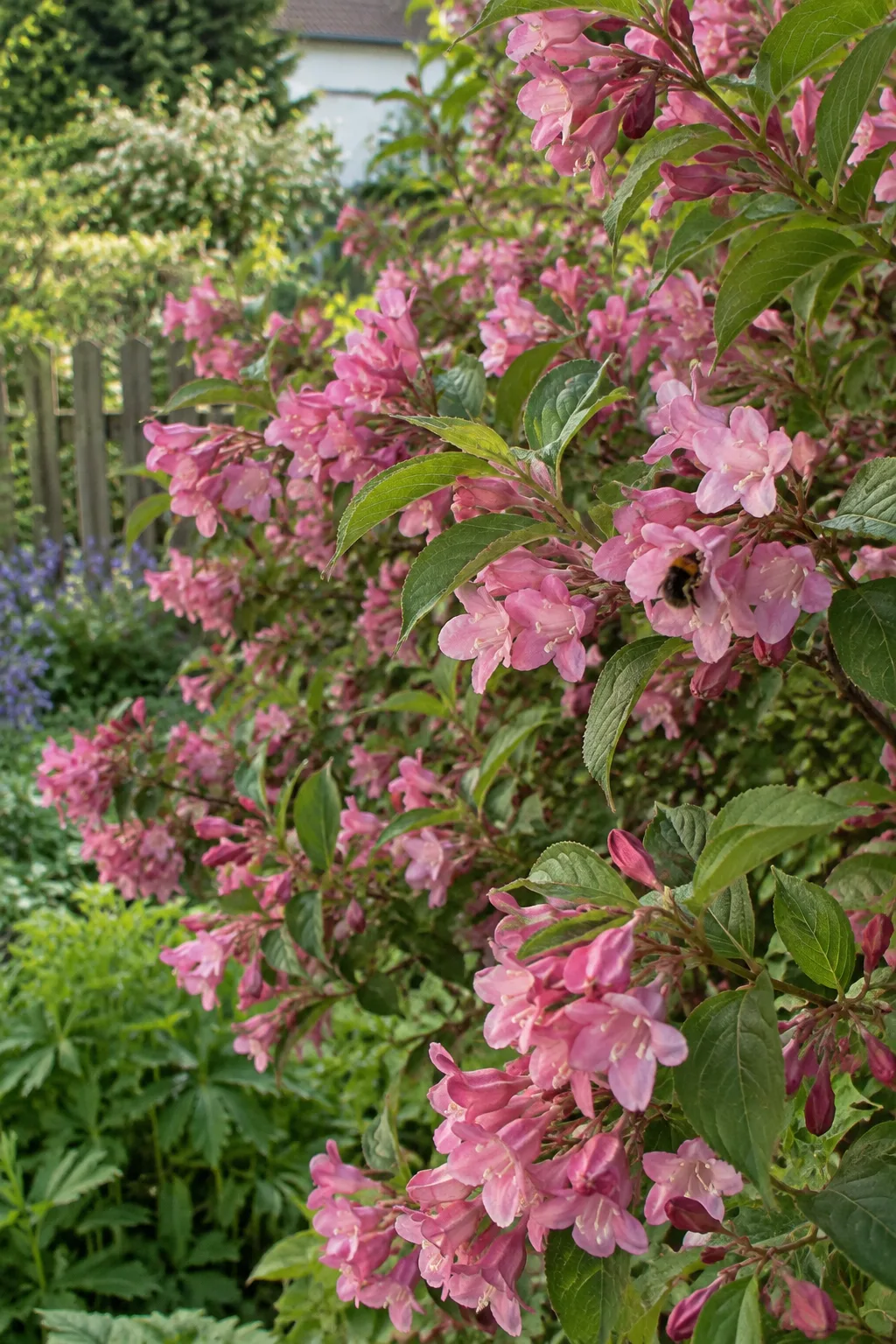 Weigelie im Staudenbeet mit überhängenden Zweigen voller trichterförmiger, rosaroter Blüten, die innen heller sind, eine Hummel kriecht in eine Blüte