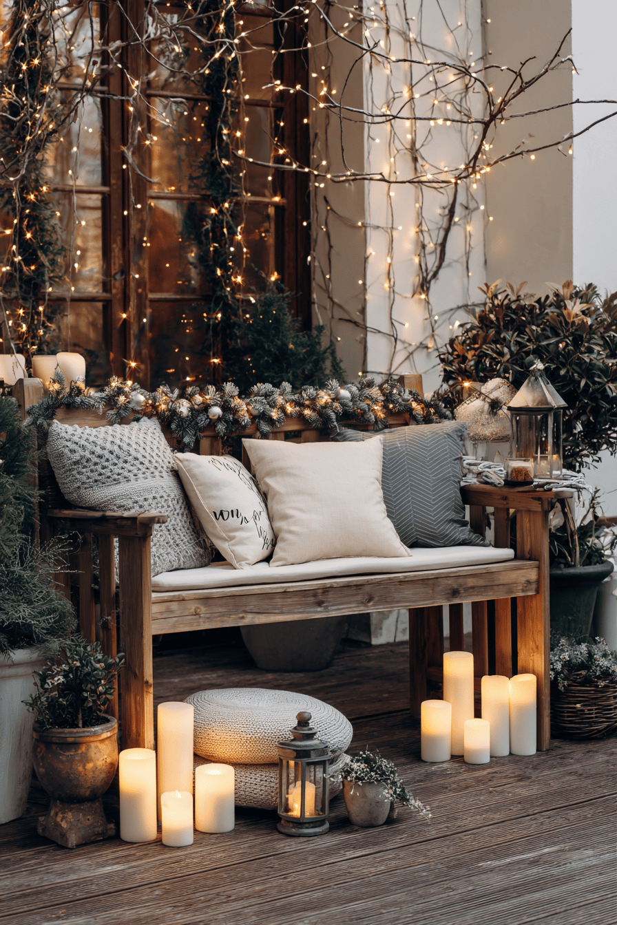 Holzbank mit Lichterketten und Kerzen weihnachtlich dekoriert.