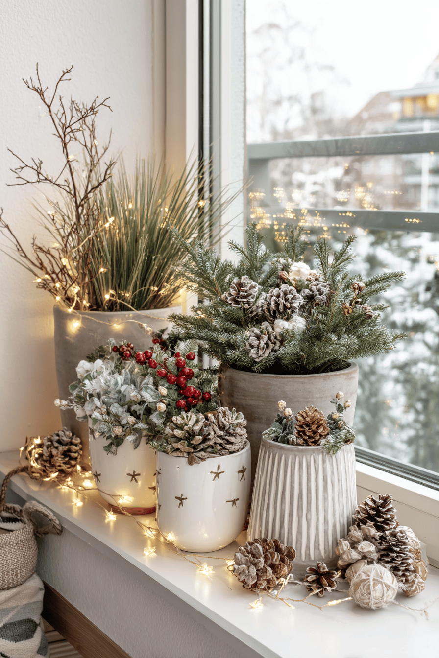 Weihnachtliche Dekoration auf einer Fensterbank mit Pflanzen, Lichtern und Kiefernzapfen.