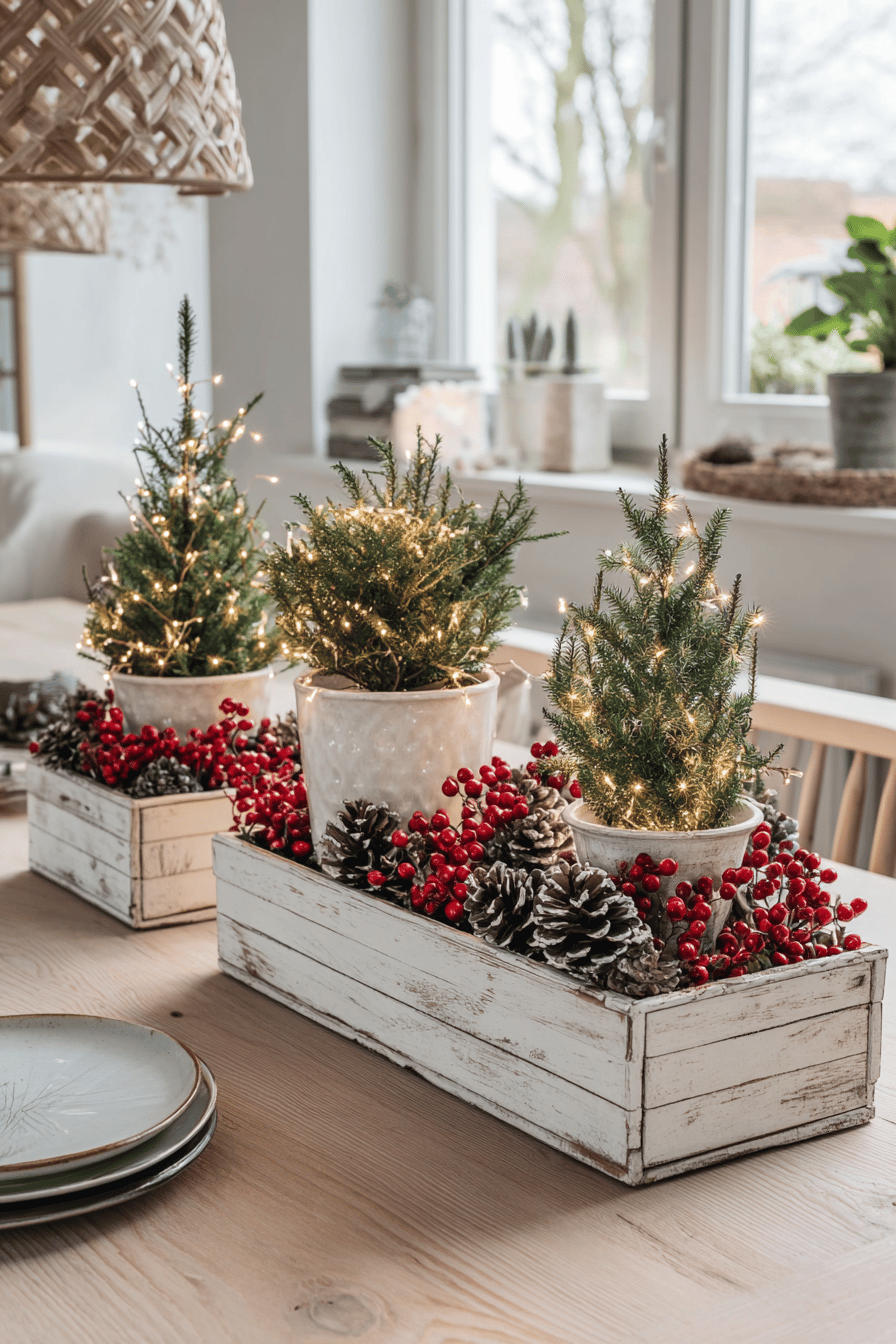 Weihnachtlich geschmückte Blumenkästen mit Mini-Weihnachtsbäumen, Lichterketten, roten Beeren und Tannenzapfen.