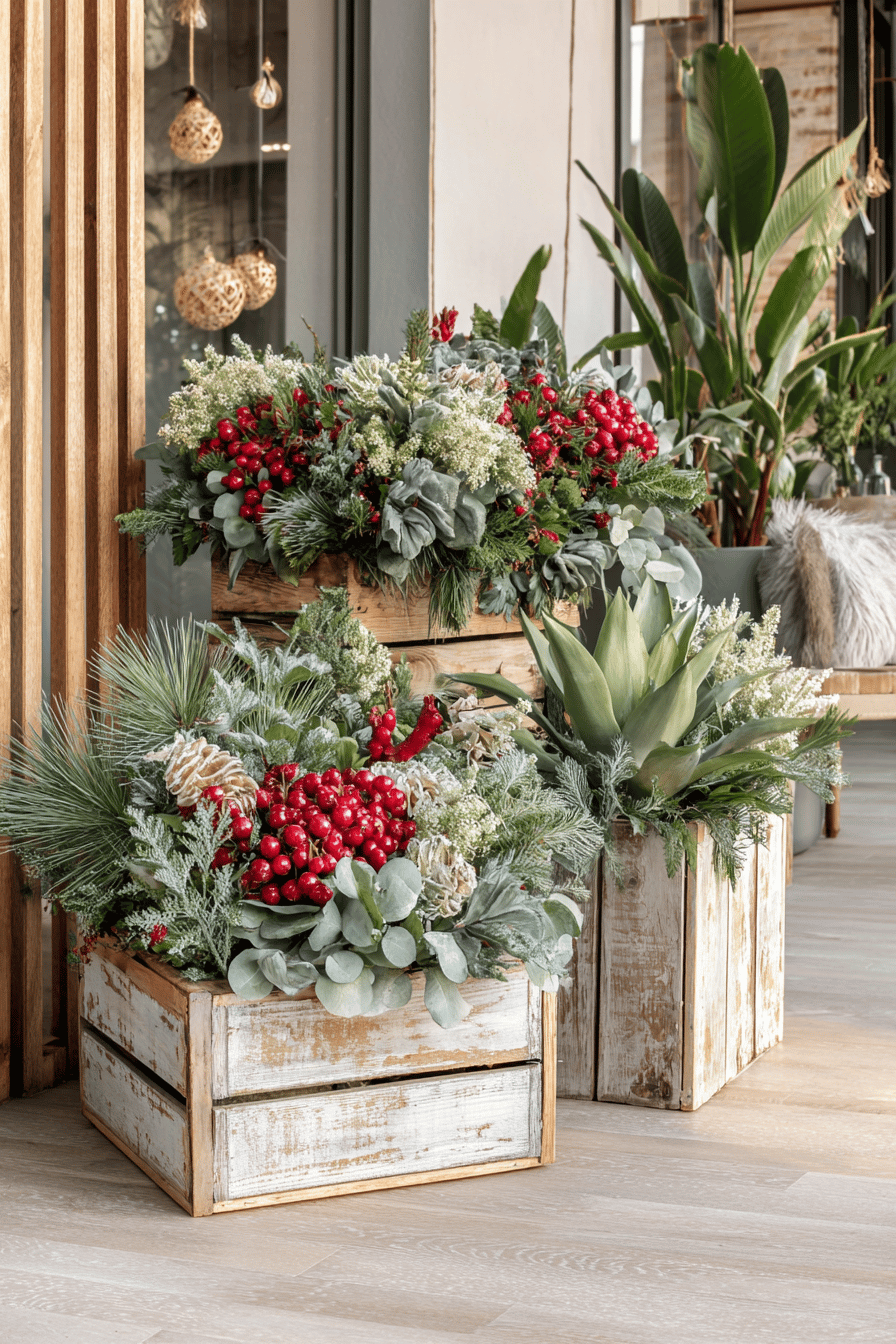 Weihnachtlich dekorierte Blumenkästen aus Holz mit roten Beeren und grünen Pflanzen.