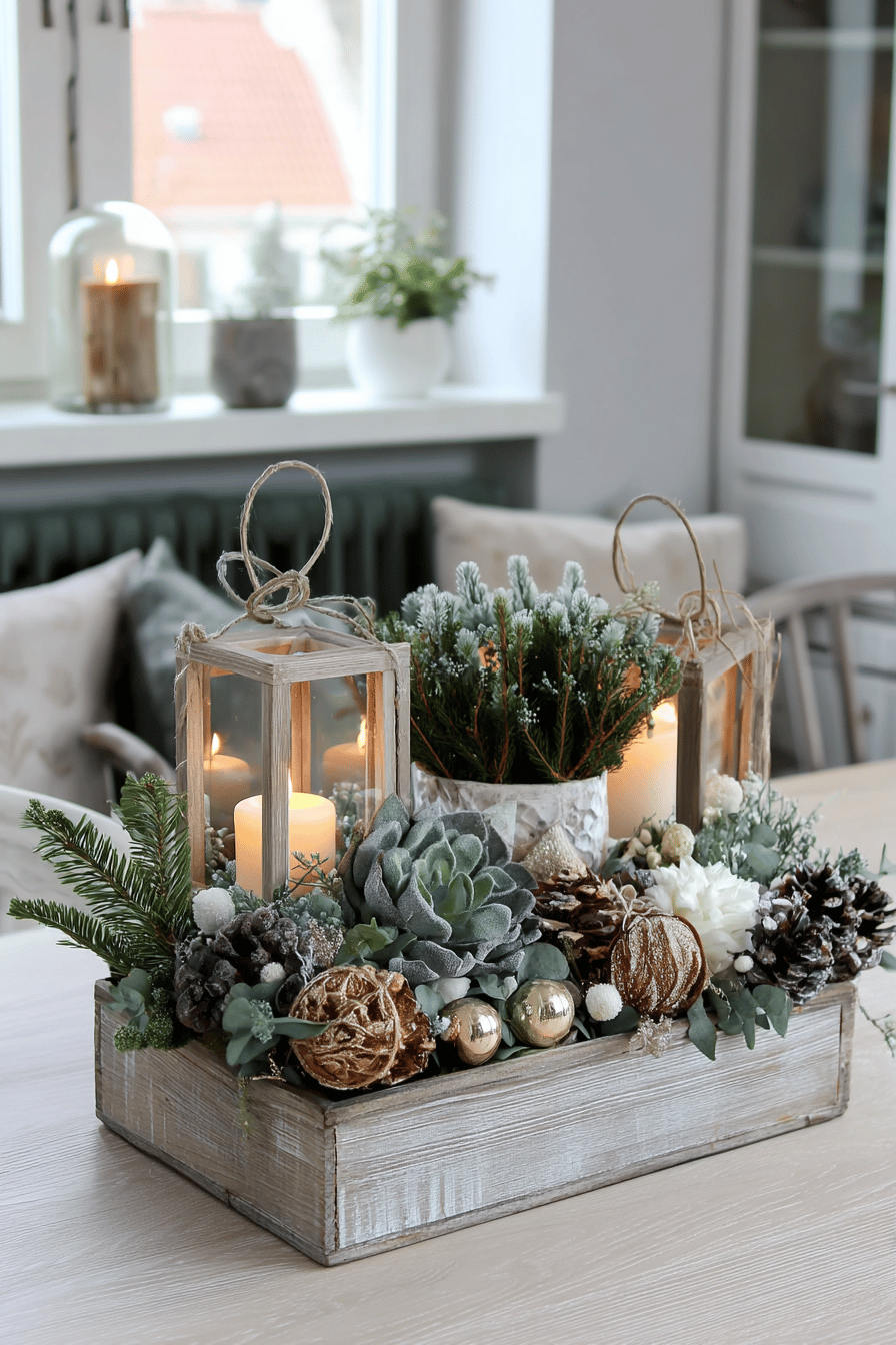 Weihnachtlich dekorierter Blumenkasten mit Kerzen und Tannenzweigen.