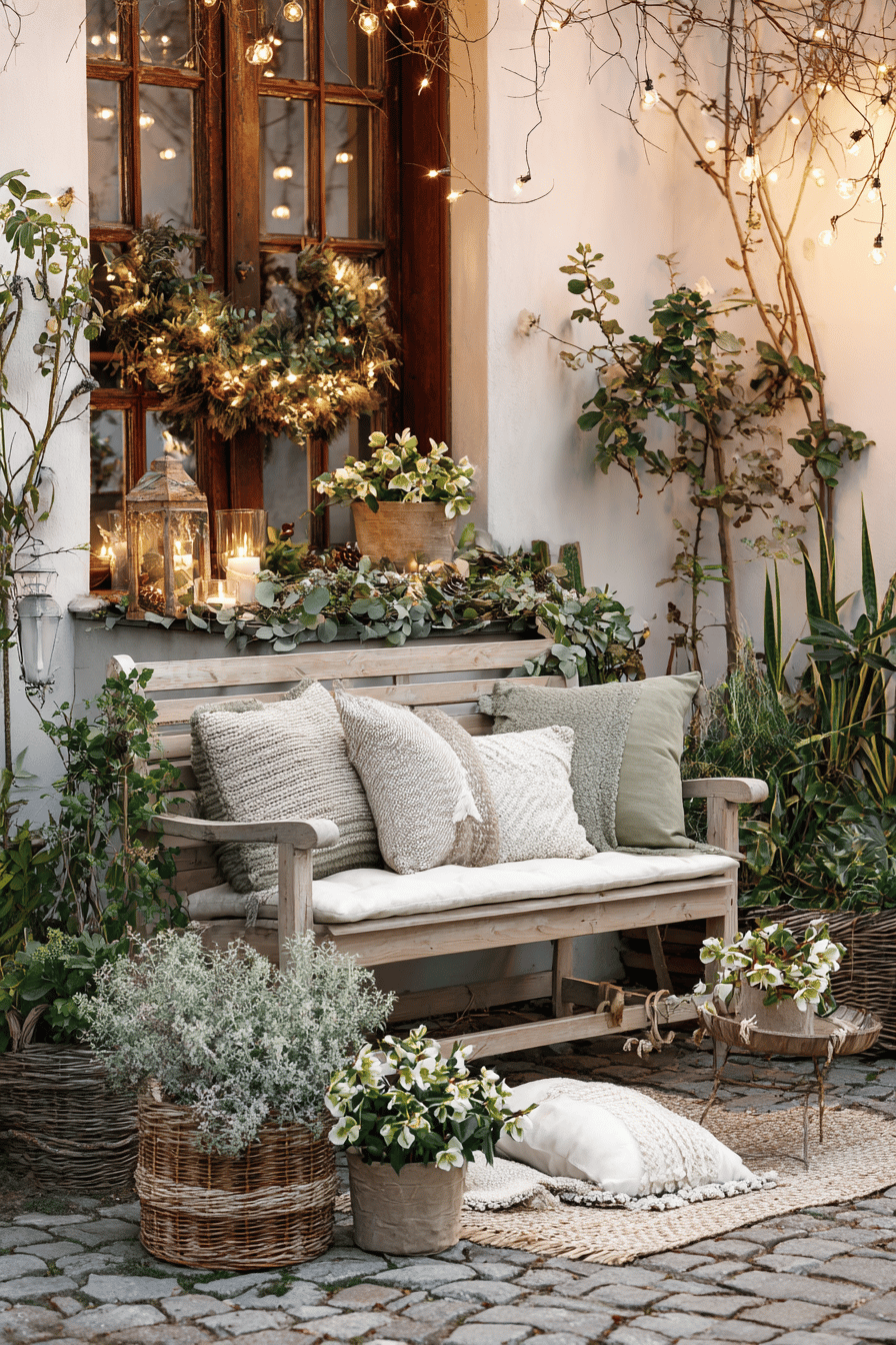 Eine Gartenbank weihnachtlich dekoriert mit Kissen, Laternen, Lichterketten und Christrosen.