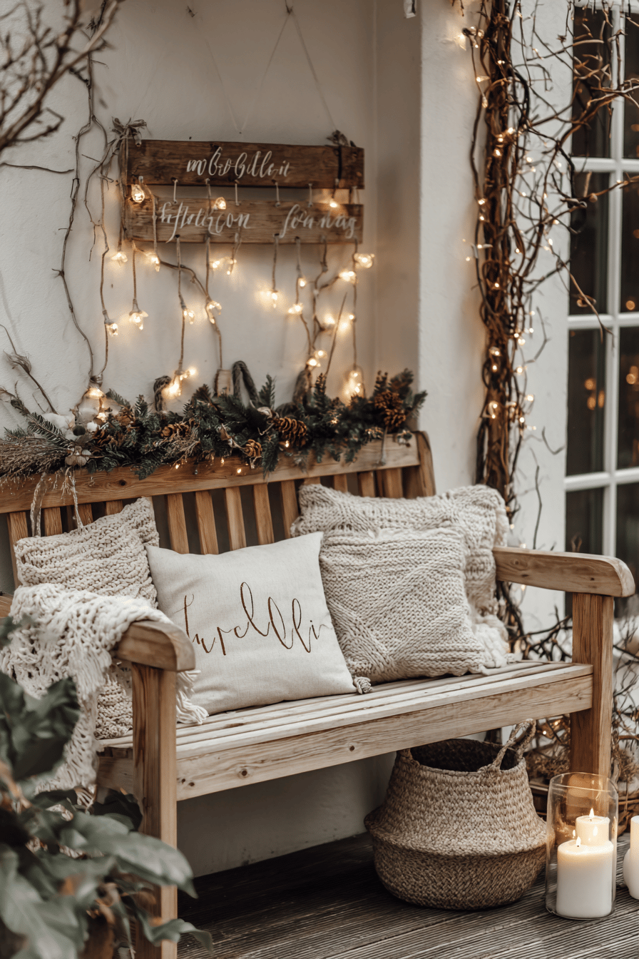 Gemütlich dekorierte Holzbank mit Kissen, Lichterketten und einem weihnachtlichen Schild.