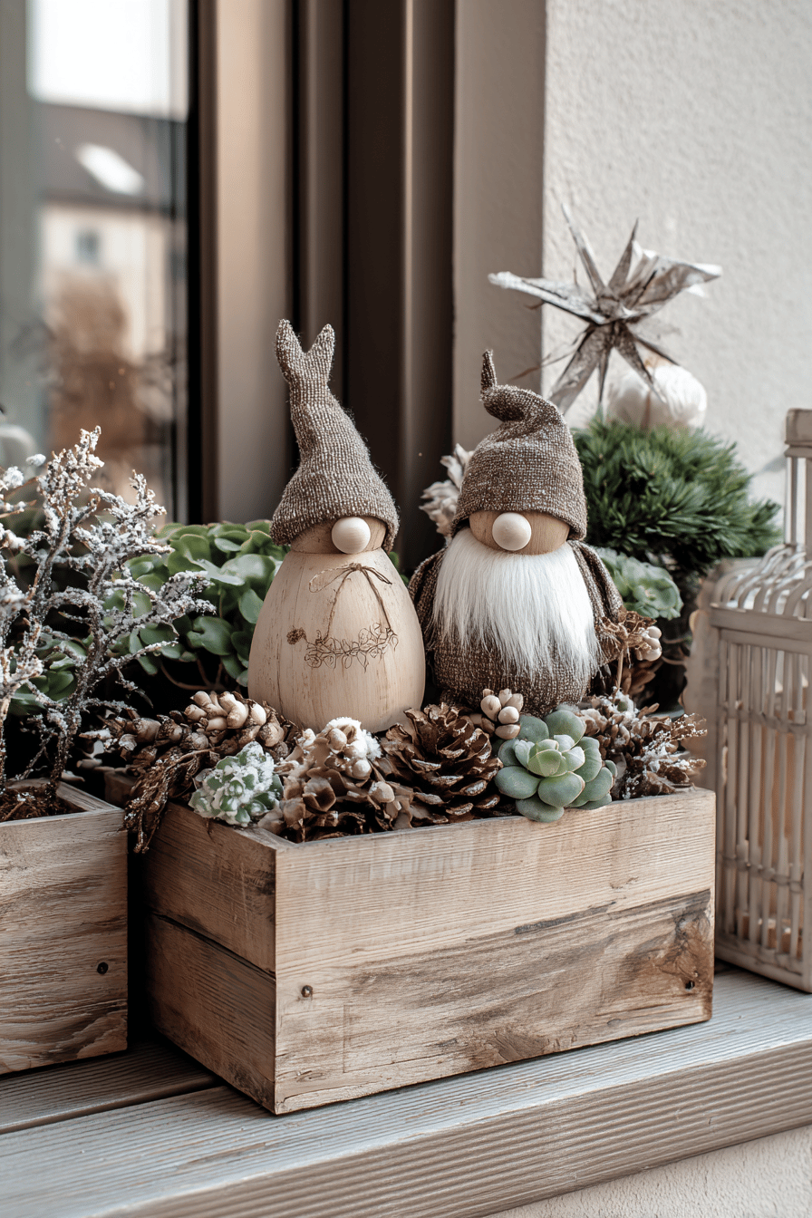 Holzfiguren in einem weihnachtlich dekorierten Blumenkasten mit Tannenzapfen und Pflanzen.