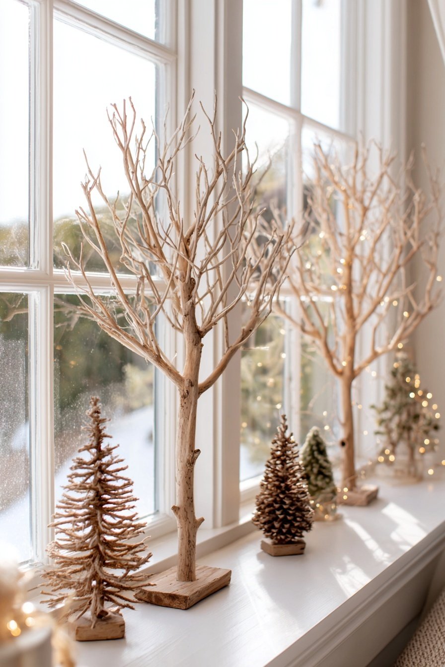 Weihnachtsbaum-Deko aus Ästen und Naturmaterialien am Fensterbrett
