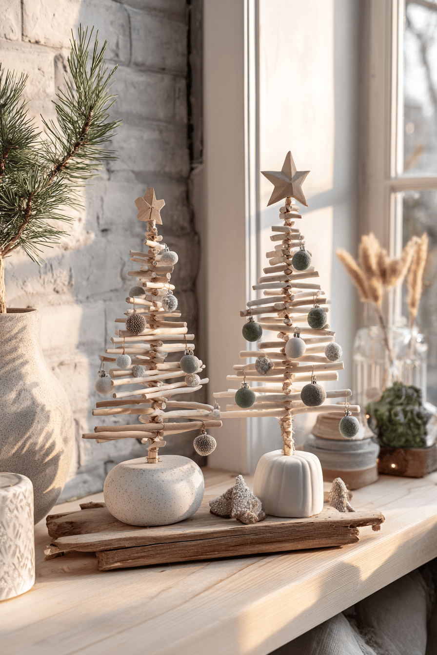 Zwei Weihnachtsbäume aus Holzstäben mit kleinen Kugeln, auf einer Fensterbank dekorativ arrangiert.