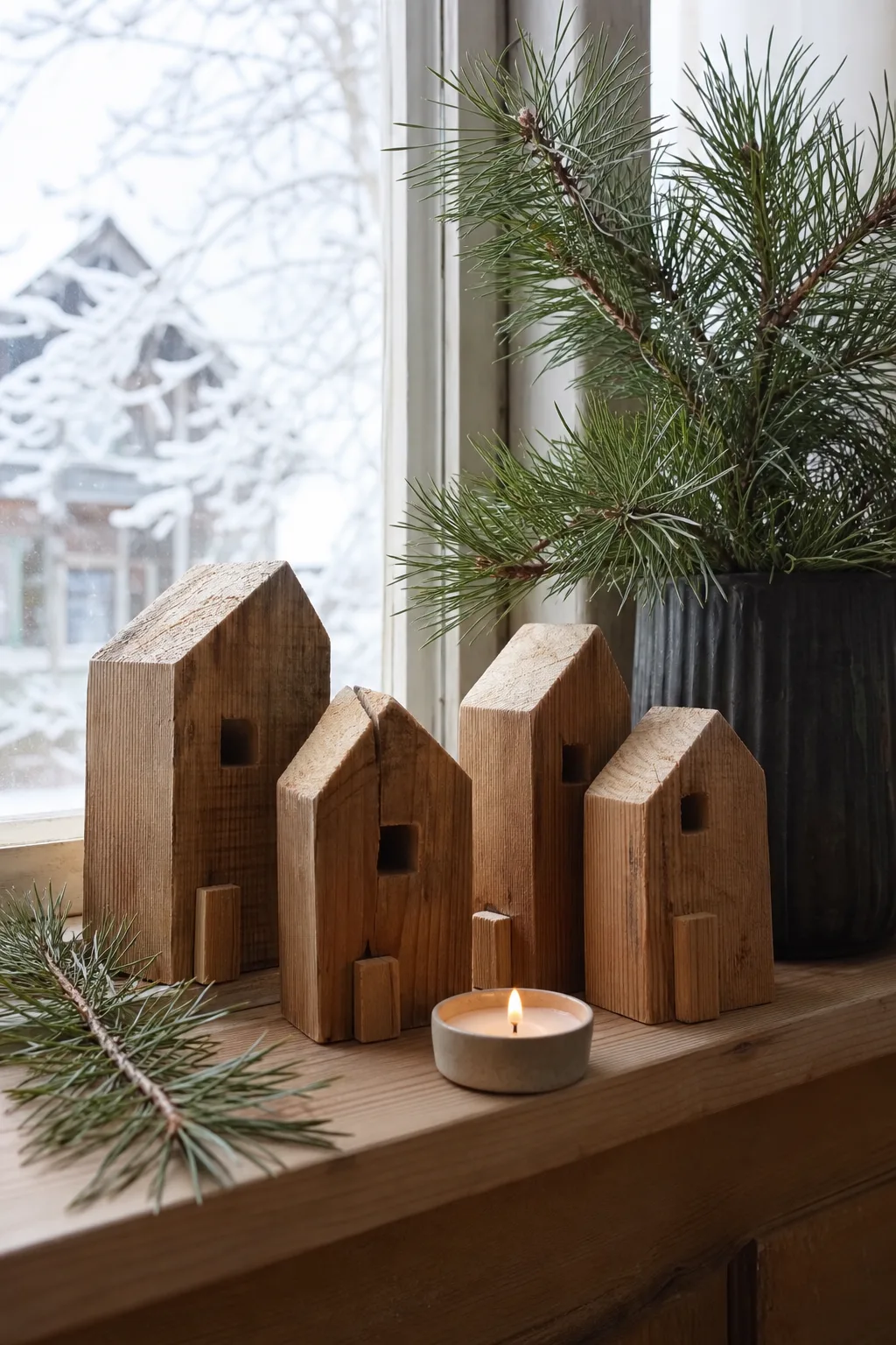 Vier kleine Weihnachtshäuser aus Kantholz-Abschnitten mit Satteldach auf einer Fensterbank