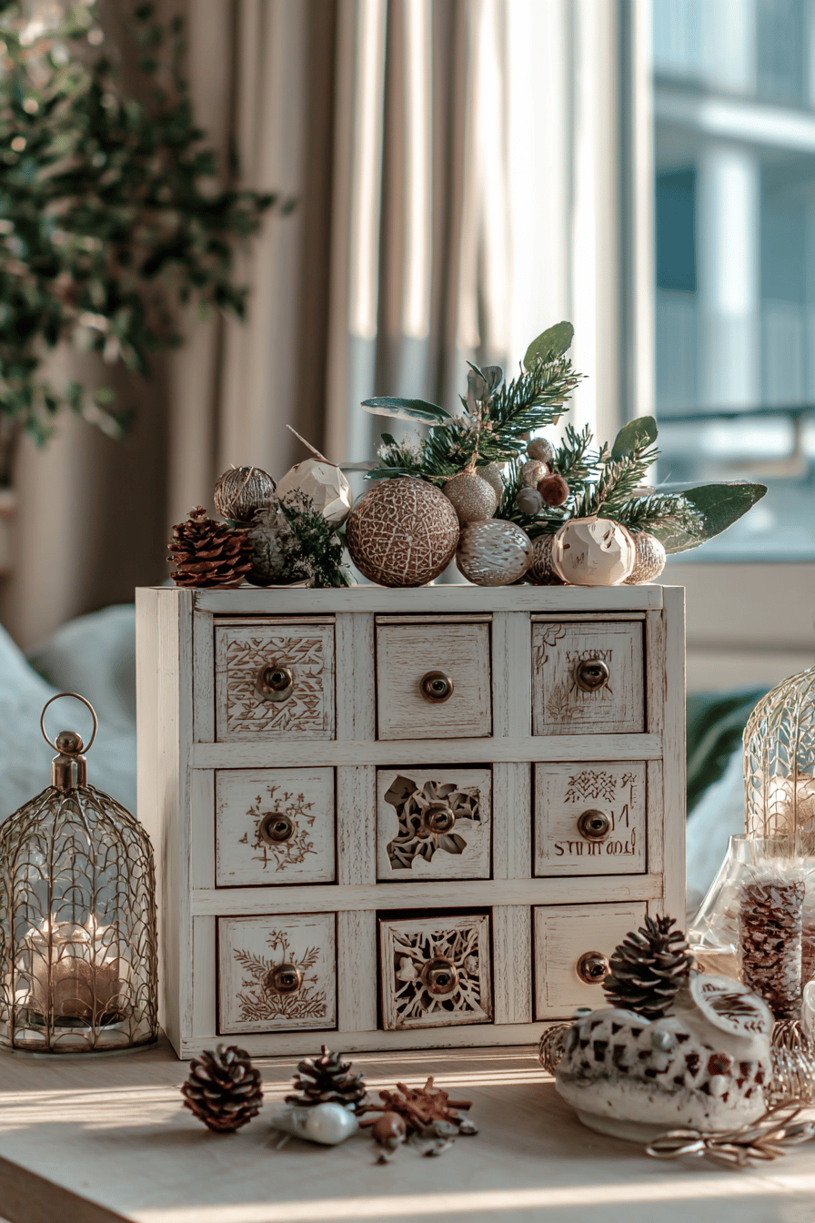 Ein hölzerner Adventskalender mit kleinen Schubladen, dekoriert mit Tannenzapfen und festlichen Ornamenten.