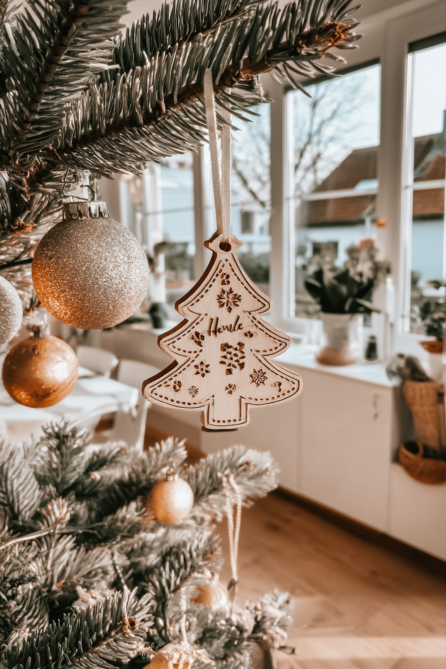 Nahaufnahme eines dekorativen Weihnachtsanhängers aus Holz in Form eines Christbaums, der an einem geschmückten Weihnachtsbaum hängt.