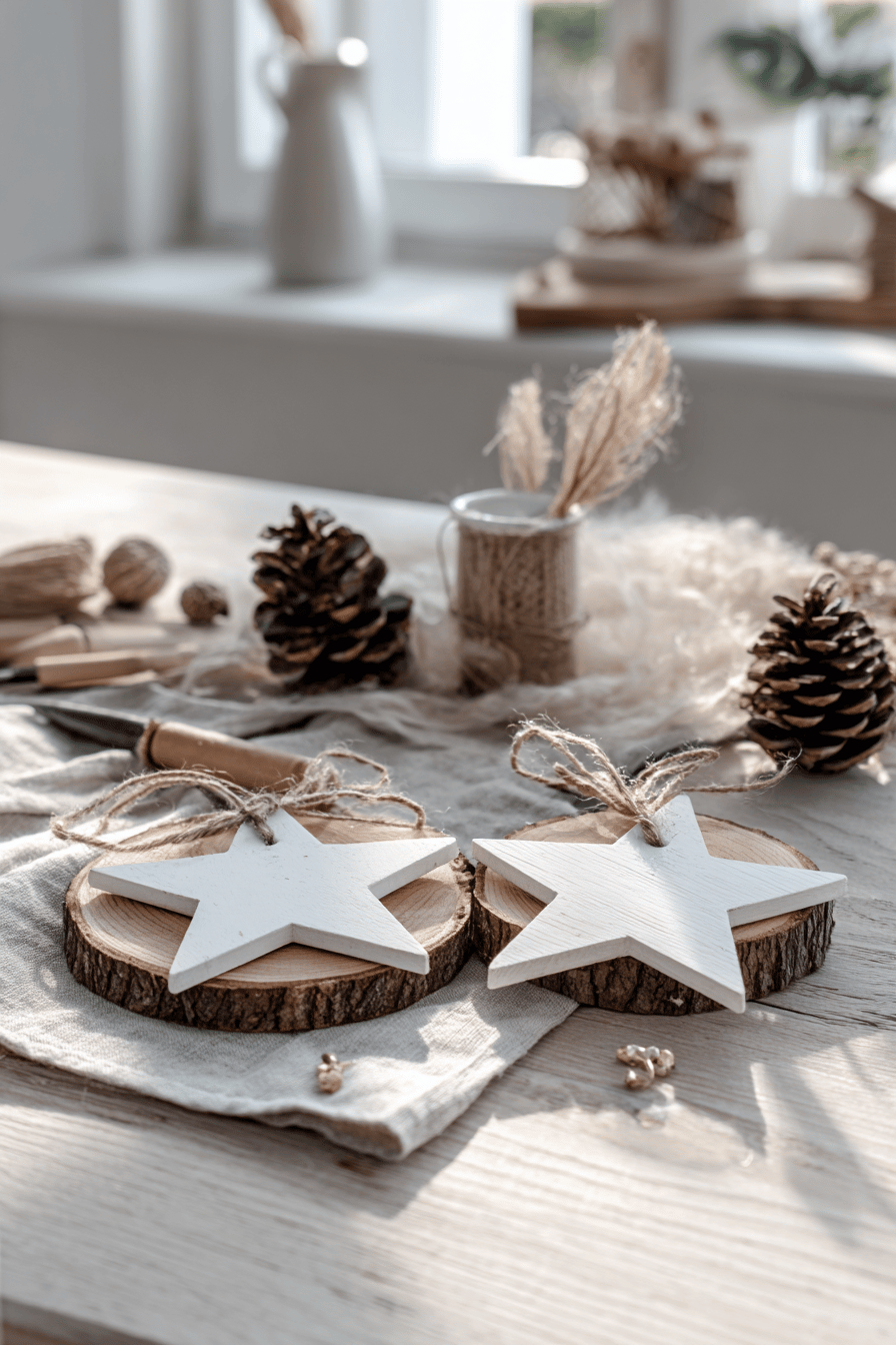 Holzsterne auf Holzscheiben dekoriert für Weihnachtsbasar.