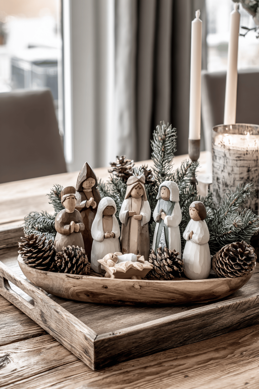 Holzkrippenfiguren mit Tannenzweigen und Kerzen auf einem Tablett.