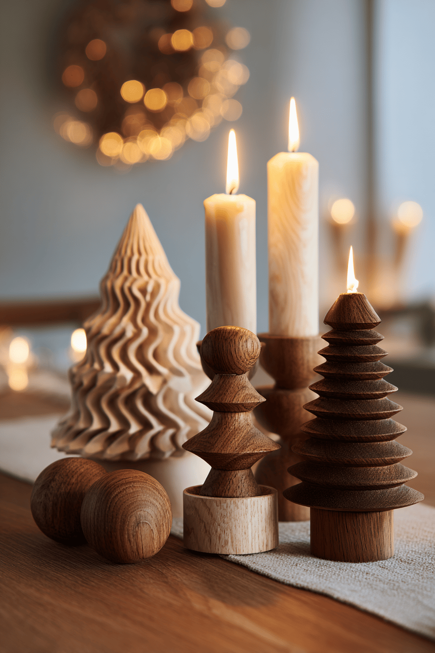 Skandinavische Holzkerzenständer und Holzdekorationen auf einem Tisch.