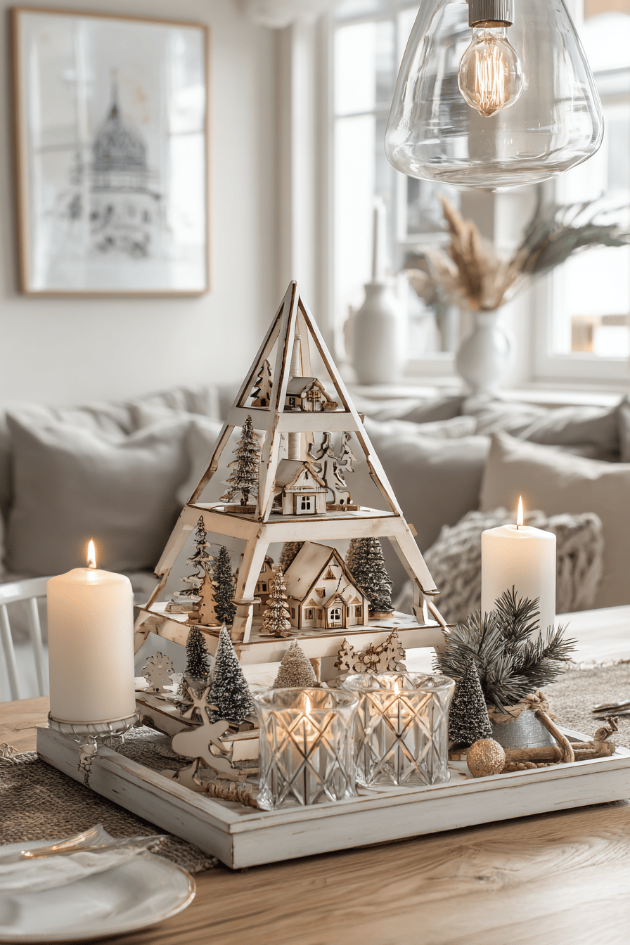 Eine dekorative Holzpyramide auf einem Tisch, umgeben von Kerzen und kleinen Tannenbäumen.