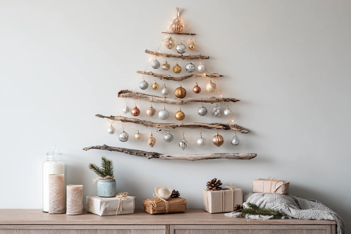 Wand-Weihnachtsbaum mit Geschenken und Dekorationen