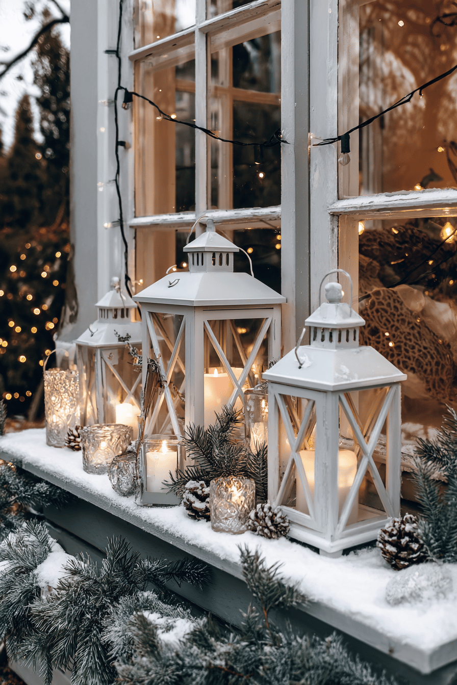 Weiße Laternen mit Kerzen und Tannenzweigen auf verschneitem Fensterbrett zur Weihnachtszeit