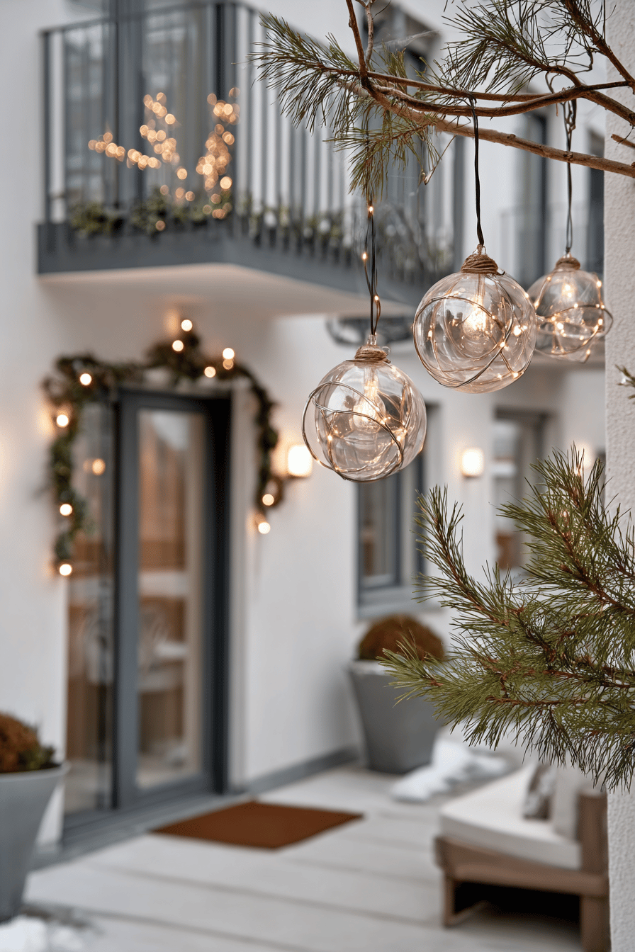 Außenbereich mit weihnachtlicher Dekoration, beleuchteten Glaskugeln und warmweißer LED-Beleuchtung