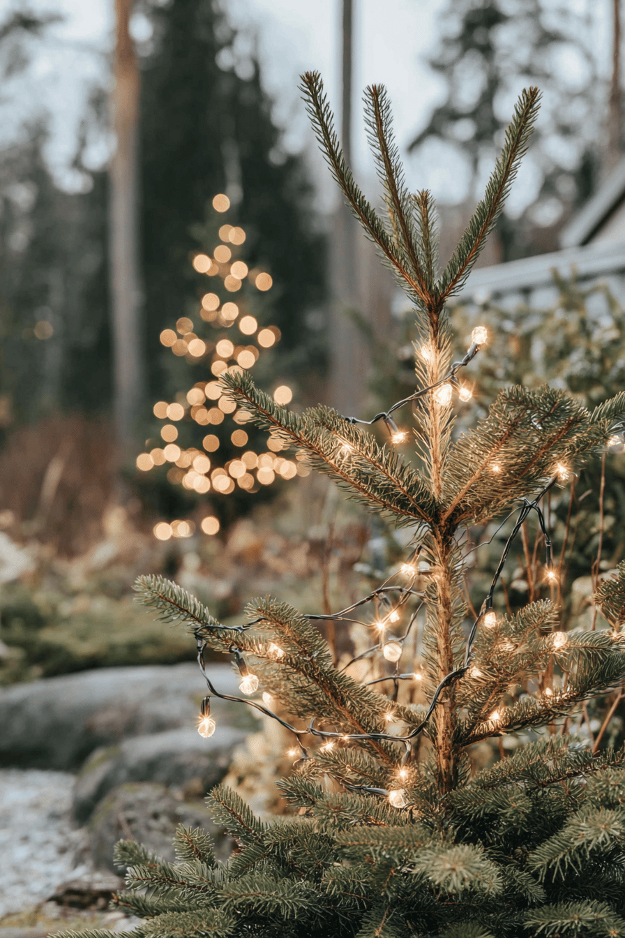 Beleuchteter kleiner Tannenbaum im Garten mit Lichterkette