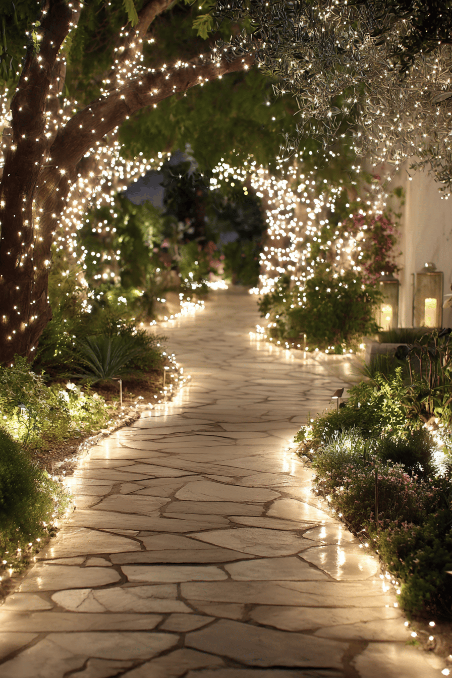 Mit Lichterketten geschmückter Gartenweg bei Nacht