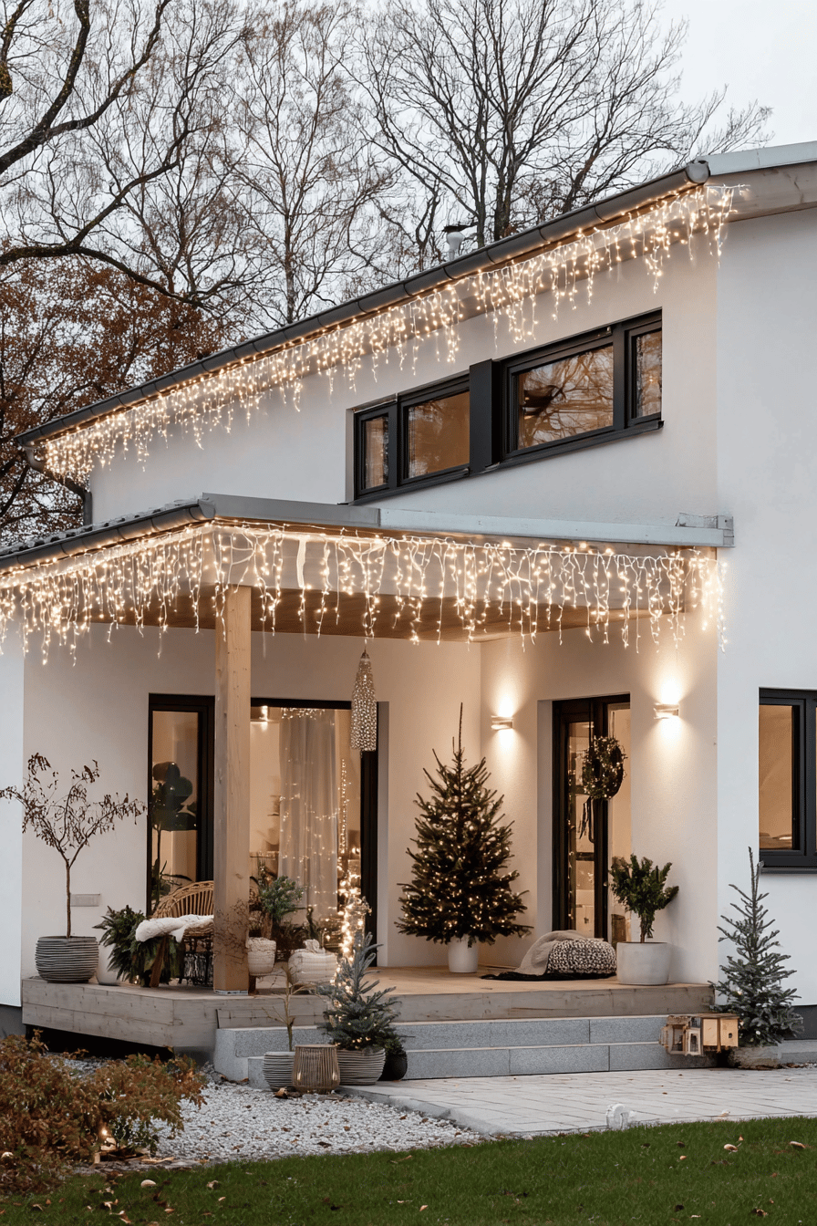Moderne weiße Hausfassade mit warmweißer Weihnachtsbeleuchtung an Dach und Terrasse