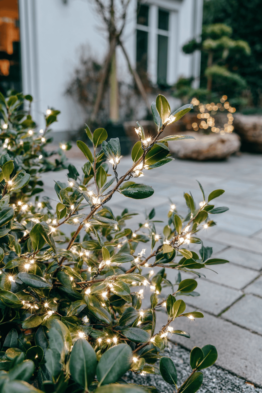 Hecke im Vorgarten mit feinem Lichternetz weihnachtlich beleuchtet
