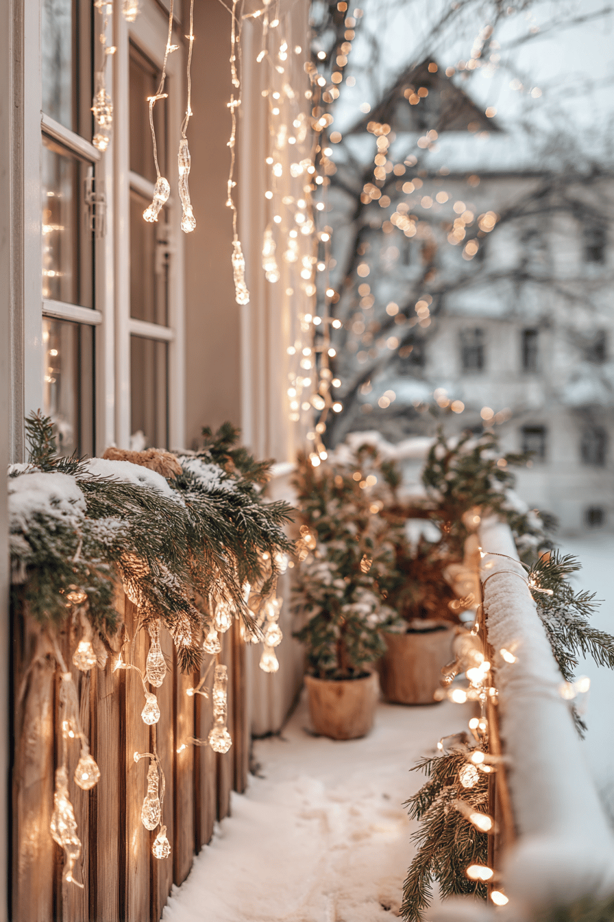 Lichtervorhänge mit warmweißem Licht an einem verschneiten Balkon mit Tannenzweigen und Pflanzen