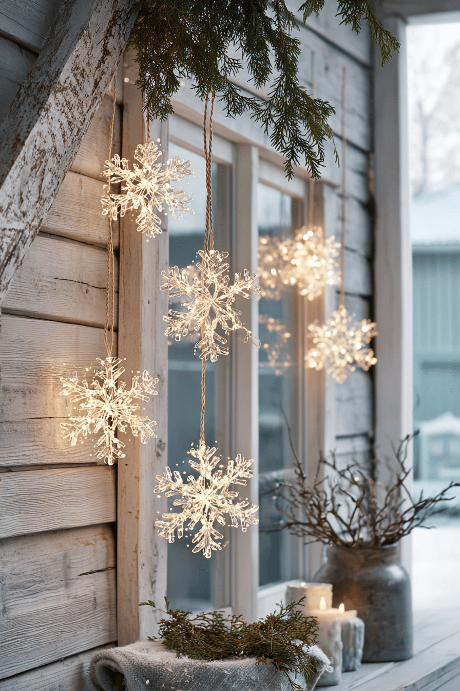 Außen an einem Holzhaus aufgehängte leuchtende Schneeflocken aus Licht vor einem Fenster mit winterlicher Dekoration