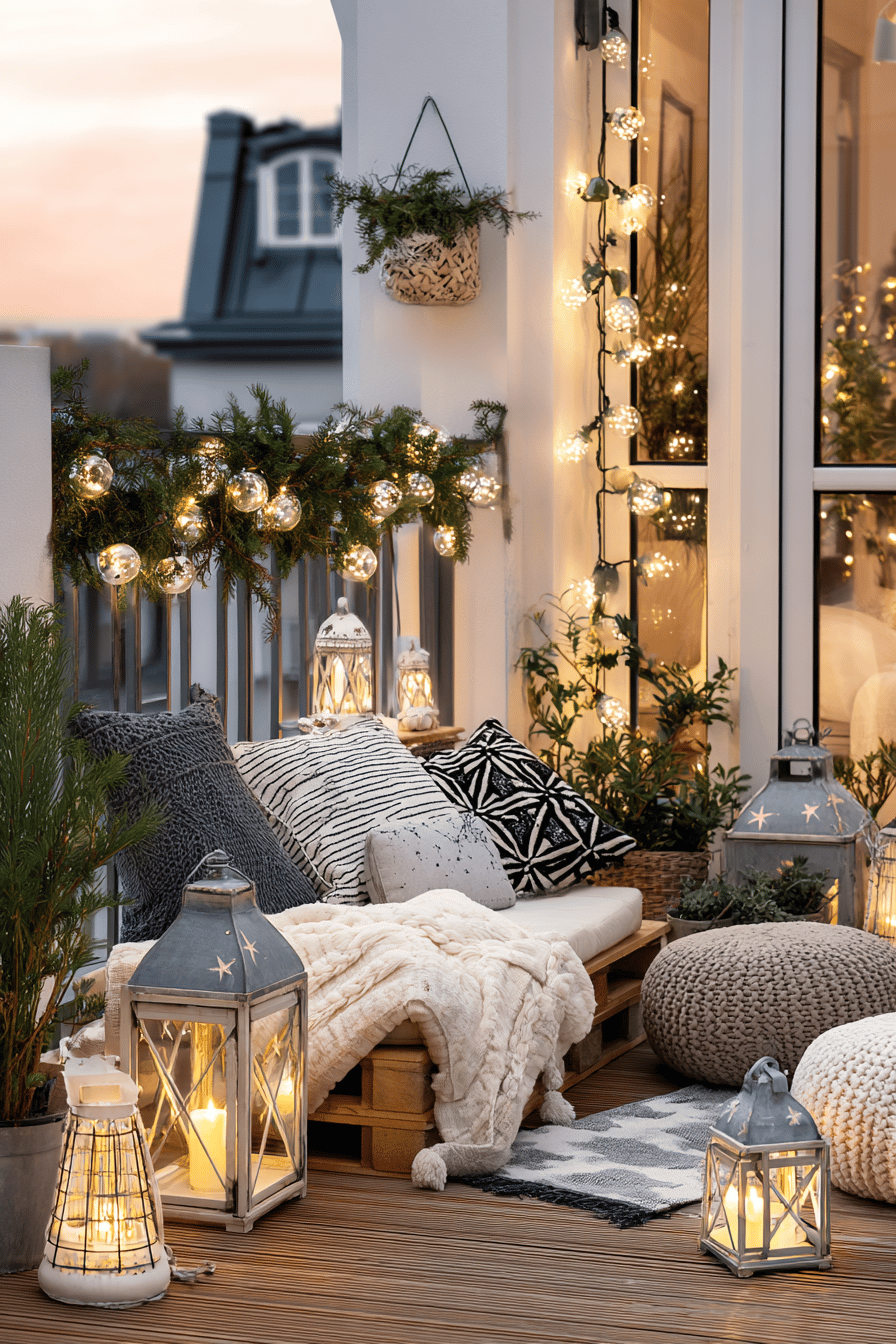 Gemütlich dekorierter Balkon mit Lichterketten, Laternen und winterlichen Kissen und Decken
