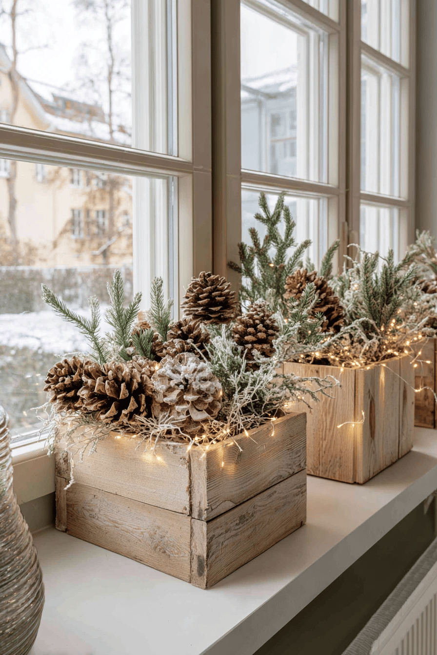 Rustikale Blumenkästen mit Tannenzweigen und Zapfen auf einer Fensterbank im Freien dekoriert.