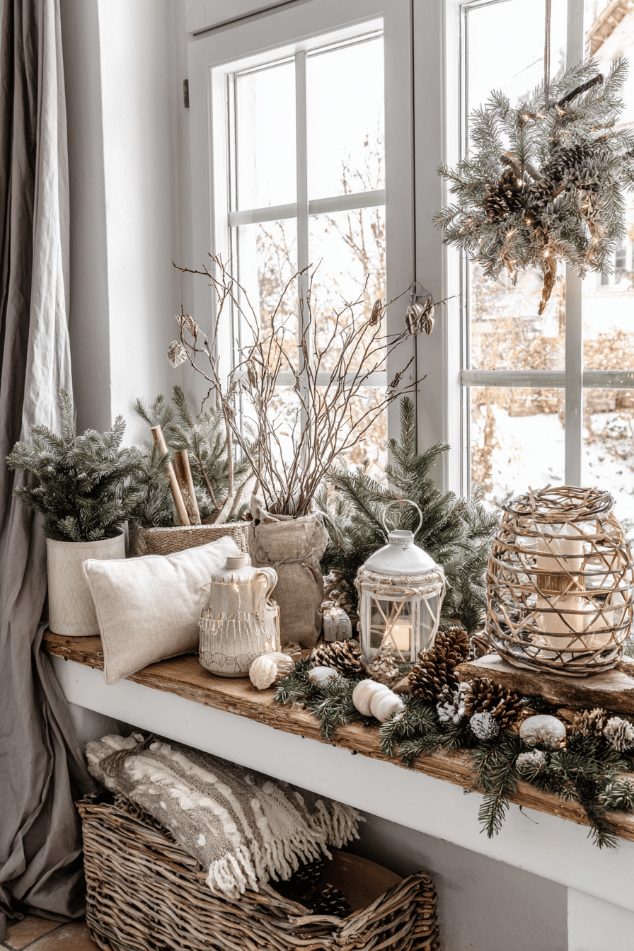 Winterliche Dekoration auf einer Fensterbank mit Tannengrün, Kerzen und Zweigen.