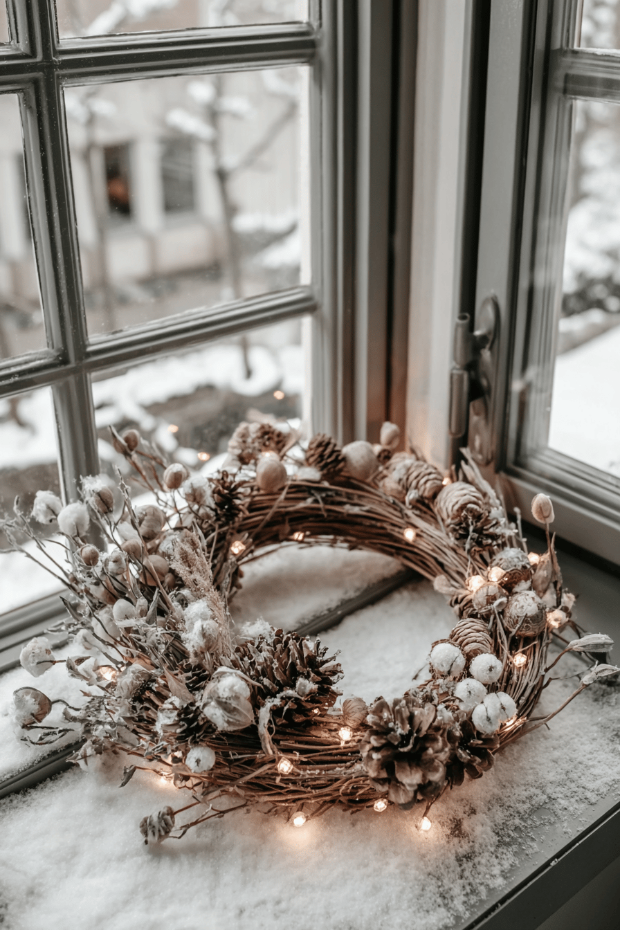 Ein dekorierter weihnachtlicher Kranz mit Lichtern auf einer schneebedeckten Fensterbank.