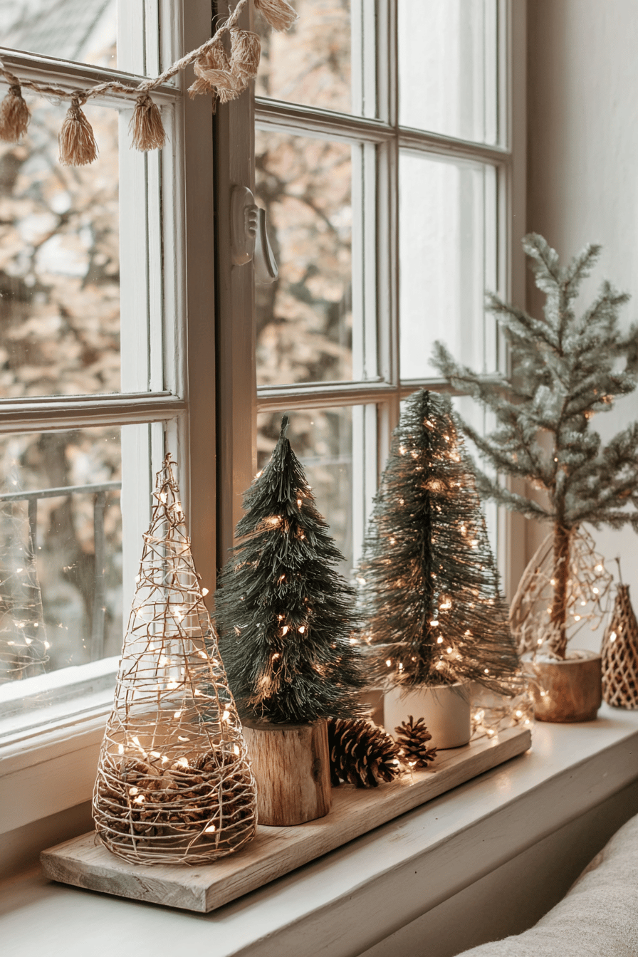 Eine Fensterbank mit kleinen, beleuchteten Weihnachtsbäumen und Lichterketten im Freien.