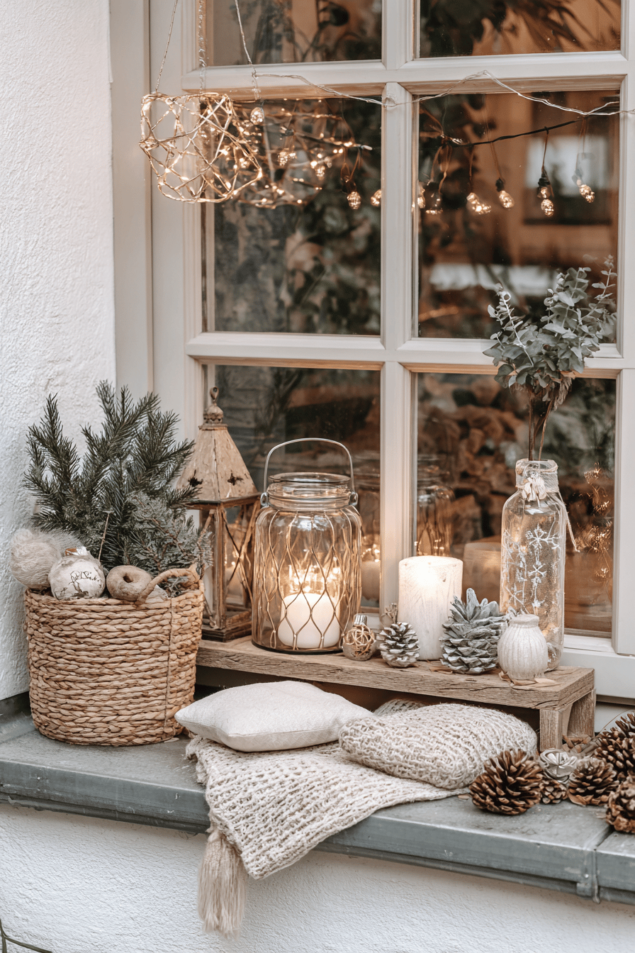 Dekorierte Fensterbank mit Kerzen, Lichtern und Naturmaterialien im Freien.