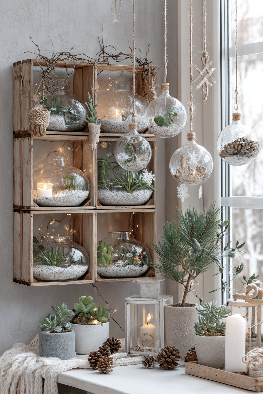Weihnachtliche Fensterbankdekoration mit Glaskugeln, Pflanzen und Kerzen.