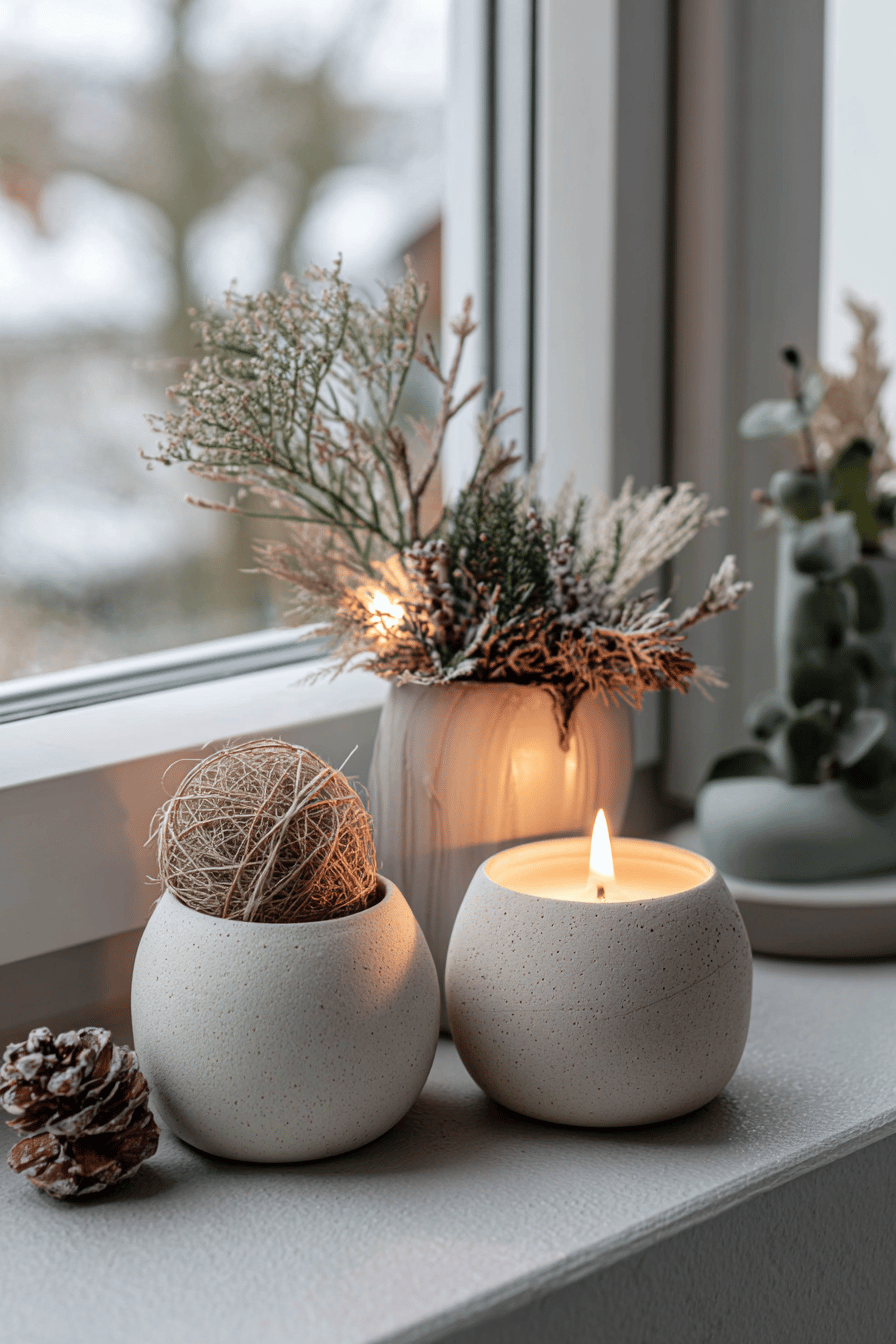 Kerzen auf einer ästhetisch dekorierten Fensterbank mit winterlichen Elementen.
