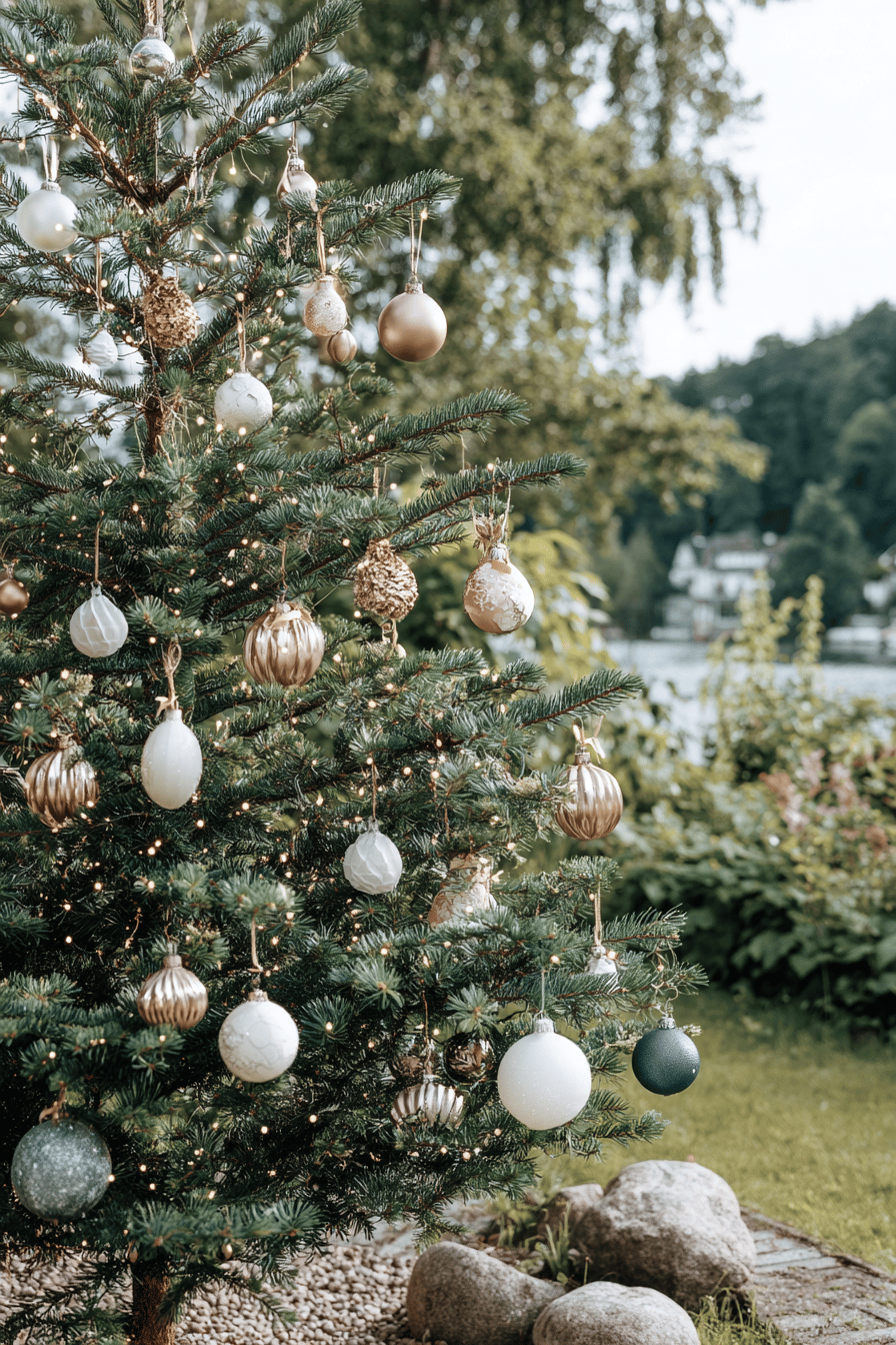 Ein festlich geschmückter Tannenbaum mit Kugeln und Lichtern im Garten.