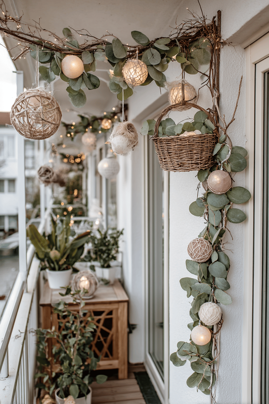 Ein mit Kugeln und Lichtern geschmückter Balkon im Außenbereich.