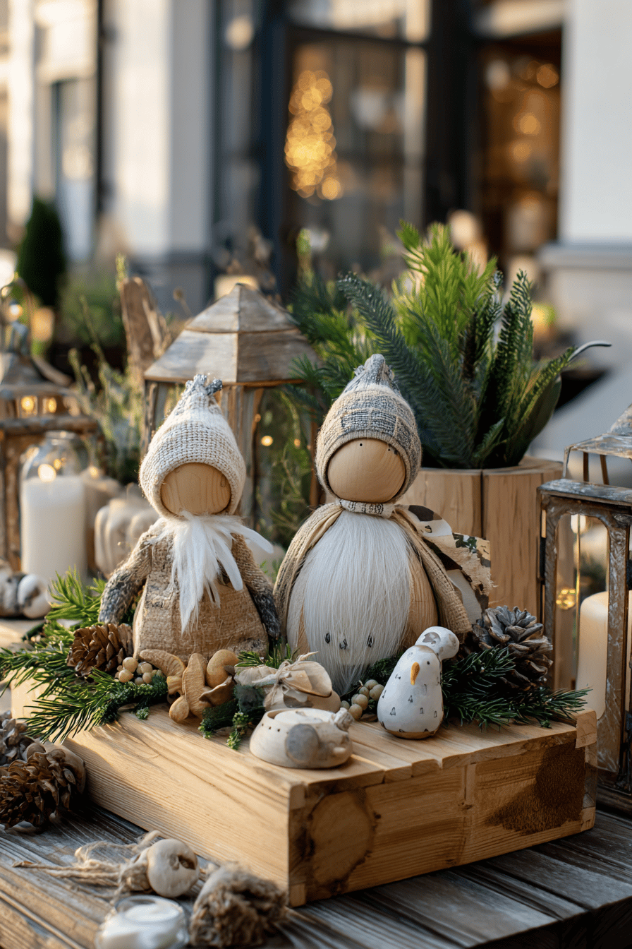 Dekoration aus Naturmaterialien mit Holzfiguren und Tannenzweigen.