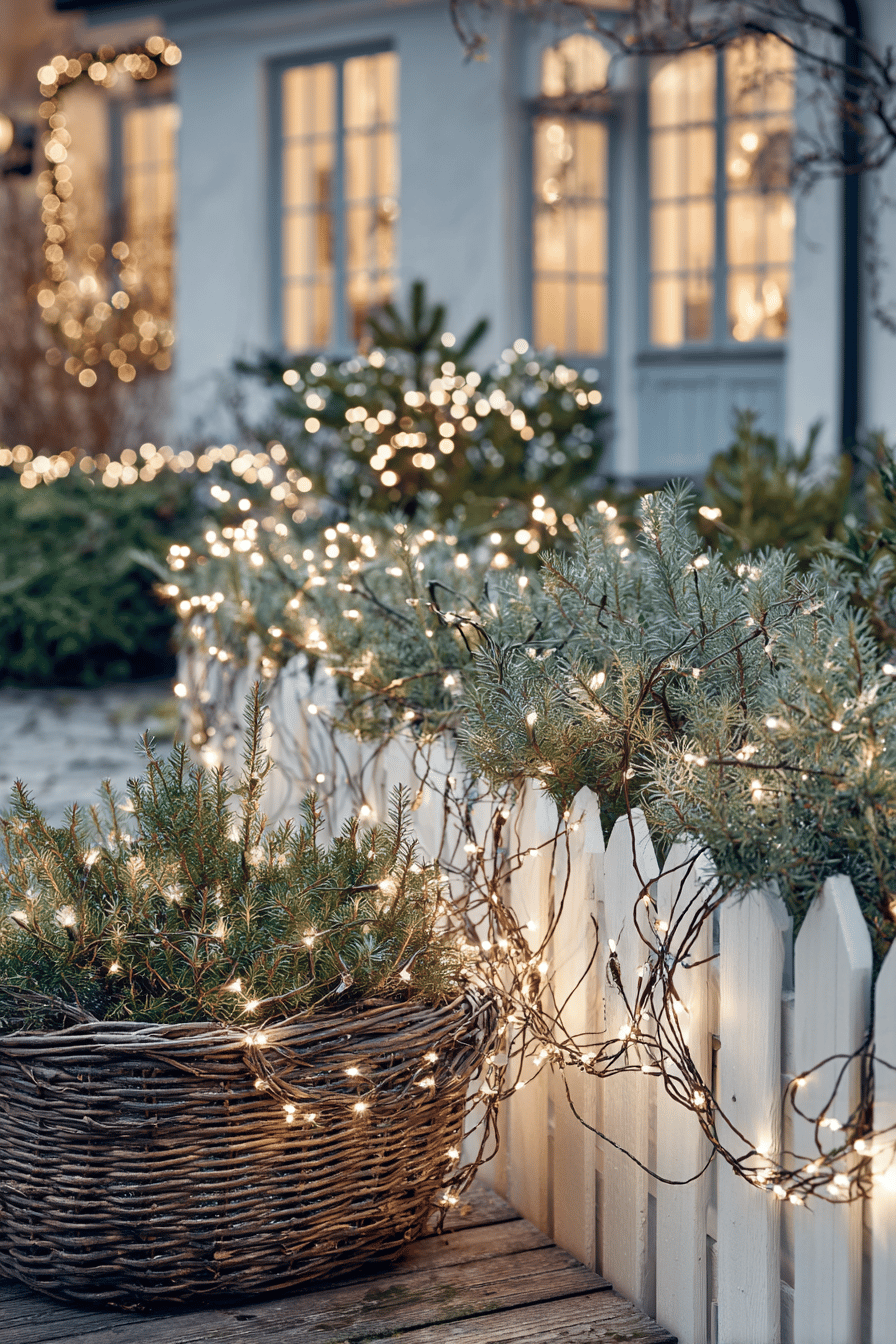 Funkelnde Lichterketten umwickeln einen Holzzaun und Sträucher im winterlichen Garten.