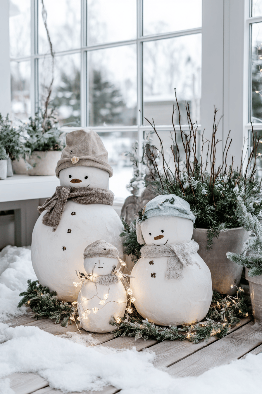 Drei Schneemannfiguren im Garten, dekoriert mit Hüten, Schals und Lichterketten.