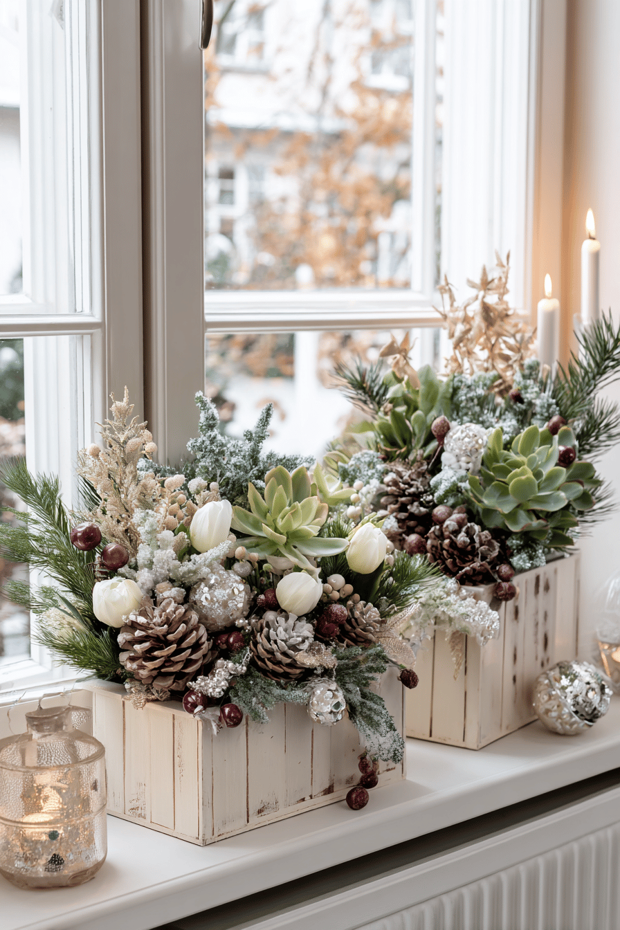 Weihnachtlich dekorierte Blumenkästen mit Tannenzweigen, Zapfen, weißen Blumen und glänzenden Elementen.