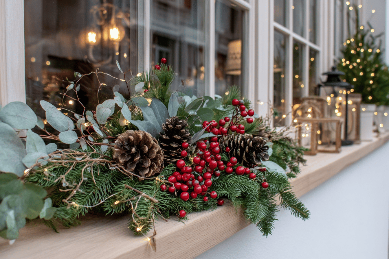 Weihnachtliche Fensterbankdekoration mit Tannenzapfen und Beeren