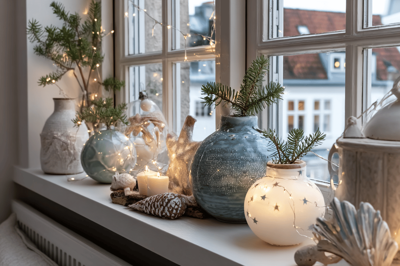 Weihnachtliche Fensterdekoration mit Kerzen und Lichterketten