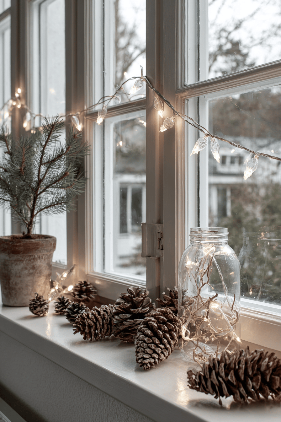 Weihnachtlich dekorierte Fensterbank mit Lichterketten, Tannenzapfen und Gläsern.