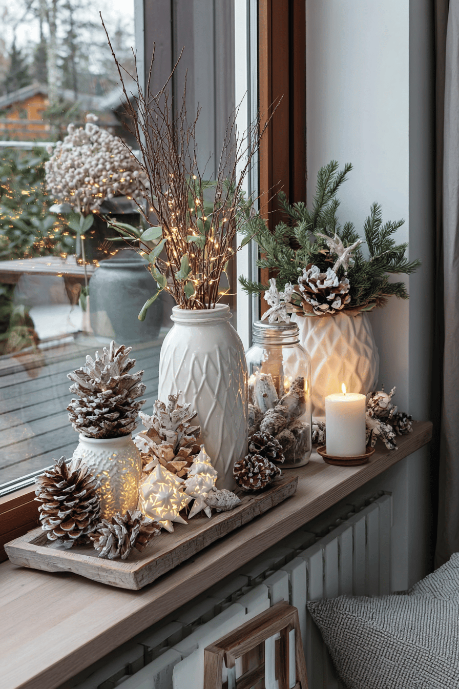 Fensterbank mit weihnachtlicher Dekoration aus Zweigen, Zapfen und Lichtern.