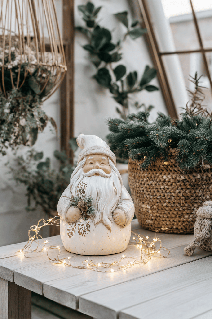 Klassische Weihnachtsmannfigur in einem dekorierten Garten mit Lichterketten und Pflanzen.