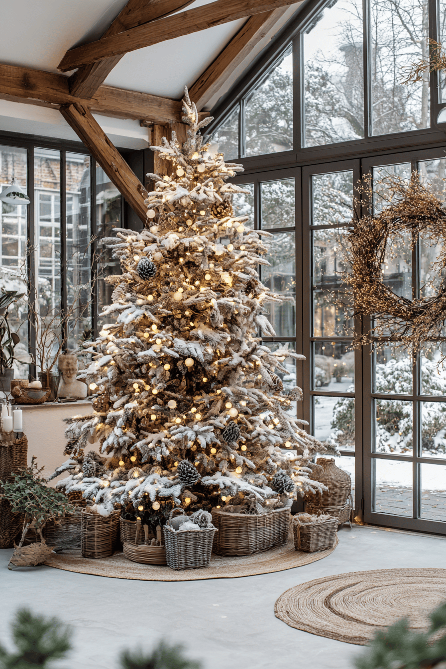 Ein weihnachtlich geschmückter Baum mit Lichtern in einem Wintergarten.