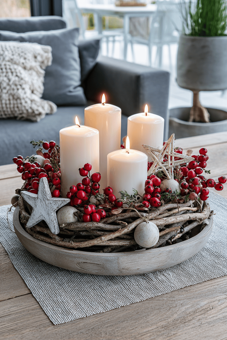 Ein selbstgemachter Adventskranz mit weißen Kerzen, roten Beeren und Sternendekoration.