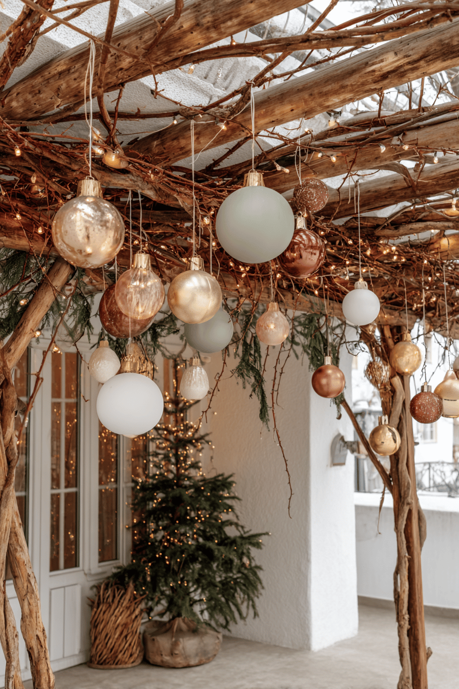 Weihnachtskugeln in verschiedenen Farben hängen an Pergola-Ästen, darunter ein geschmückter Tannenbaum.