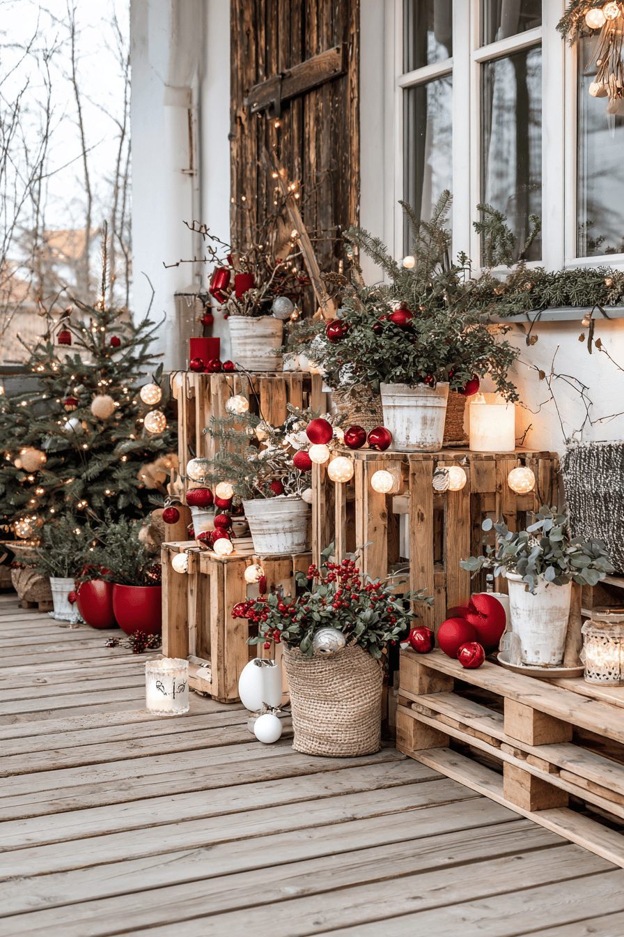 Gartenbereich mit dekorativen Holzpaletten, Weihnachtsschmuck und Lichtern im Shabby-Chic-Stil.